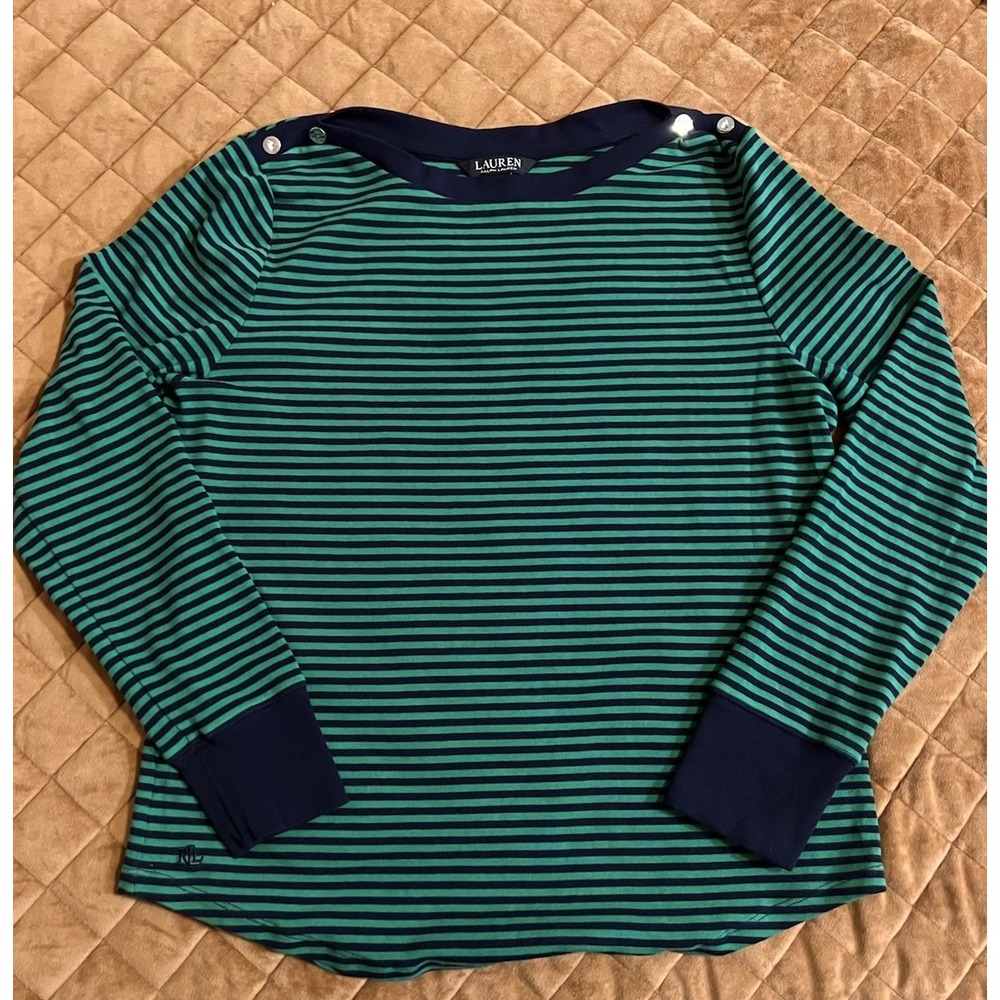 Lauren Ralph Lauren Striped Boat Neck Top XL Green Navy Preppy Coastal Classic
